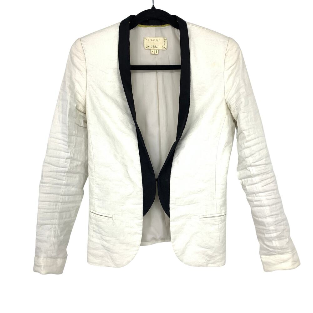 Nicole Miller Artelier Blazer Jacket Womens Sz P XS White Black Trim *FLAWS READ